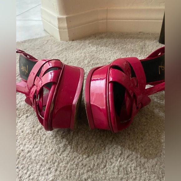 YSL Saint Laurent Hot Pink Magenta Patent Tribute T-Strap Platform Sandals $995! - Picture 11 of 12